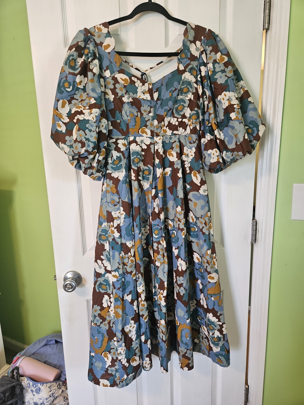 Puff-Sleeve Floral Midi Dress in Blue & Brown